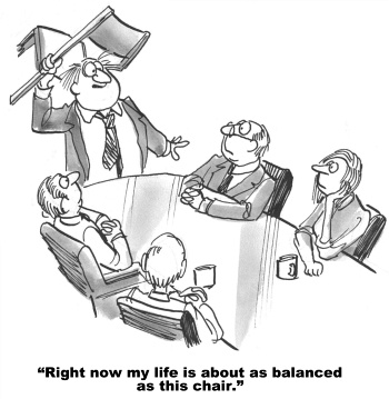 Saint_Leo_University_Online Saint Leo University Online, cartoon of business man balancing chair on head with tagline, "Right now my life is about as balanced as this chair."