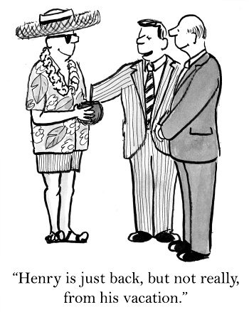 Saint_Leo_University_Online cartoon of man dressed in Hawaiian apparel with tagline, "Henry is just back, but not really, from his vacation."