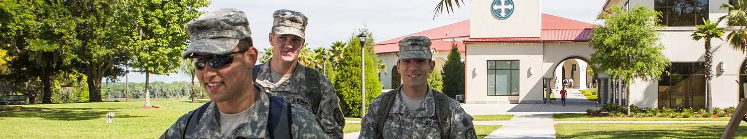 Military students walk across Saint Leo campus.